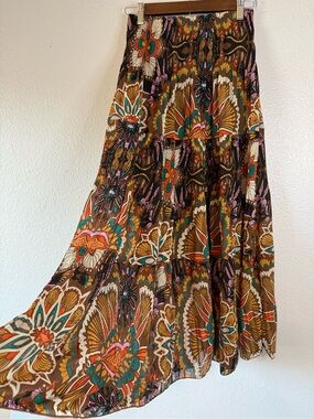 Nashalyly Boho Abstract Tiered Maxi Skirt Brown Retro Print Lined S
